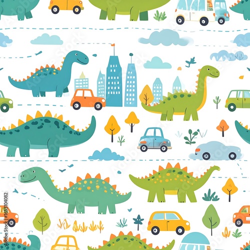 Cartoon dinosaurs and cars roam a whimsical city landscape, repeating seamlessly