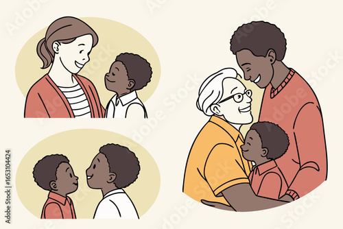 Diverse families sharing loving moments and embracing each other