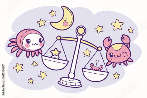 Cute kawaii zodiac libra with crab and octopus characters and celestial elements