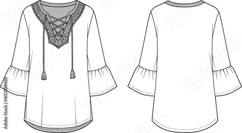 Bohemian blouse, lace-up neckline, bell sleeves, embroidery detail, front view, back view, fashion sketch, vector art, stylish design, casual wear, garment drawing, apparel