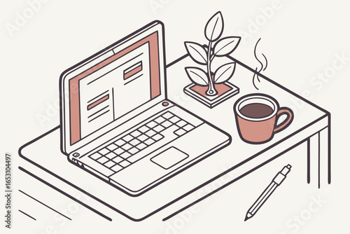 Cozy desk setup with laptop coffee plant and pen
