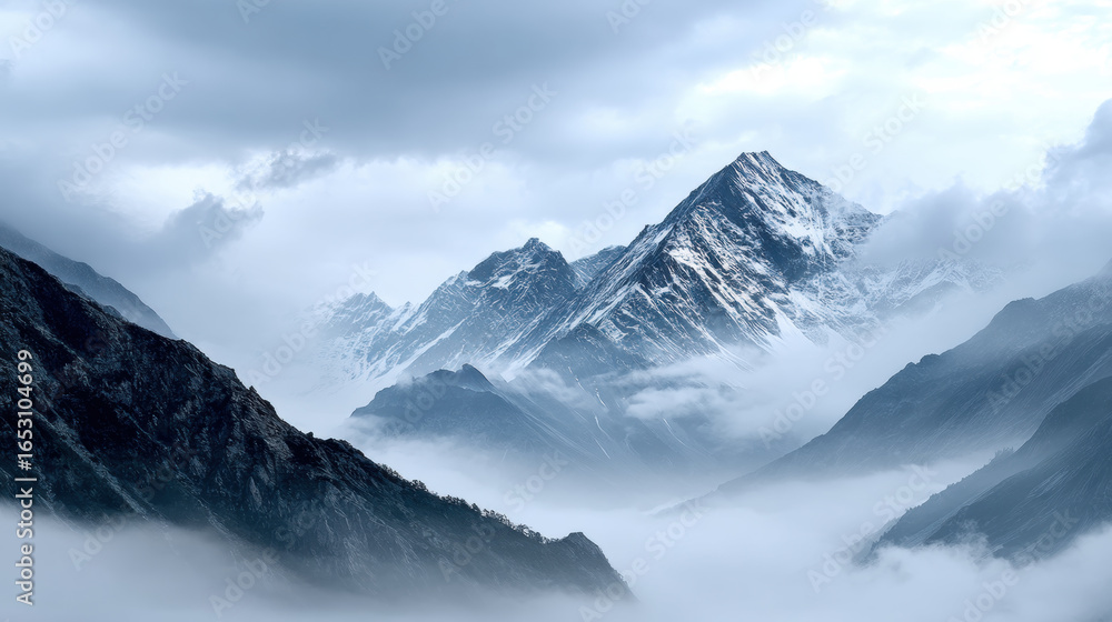 Obraz premium Majestic mountain peaks rise above sea of clouds, shrouded mist and mystery. snow capped summits contrast with dark rocky slopes, creating breathtaking landscape that evokes sense of wonder