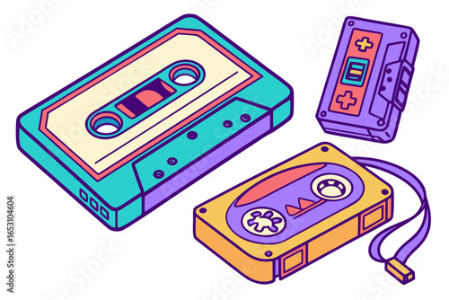 Retro cassette tapes in vibrant colors on white background
