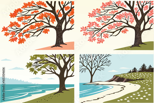Four seasons trees and landscapes illustration set