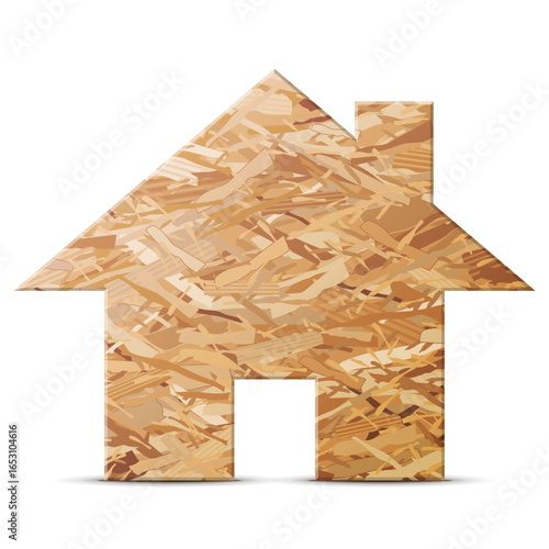 House symbol of OSB isolated on white. Oriented strand board (OSB) in shape of home sign. Vector image about construction industry, real estate, building materials, house framing