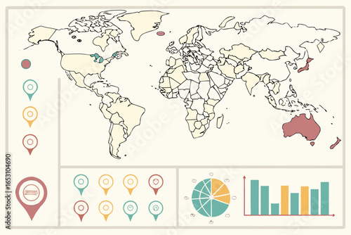 World map with highlighted countries and infographic elements