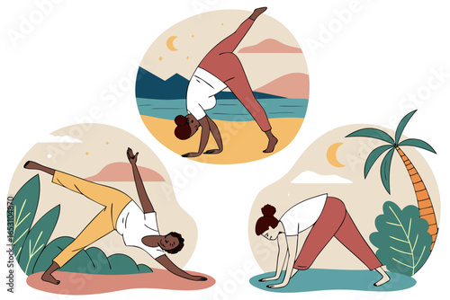 Three women practicing yoga in different poses on a beach at sunset