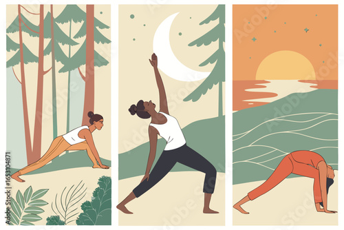 Woman practicing yoga in nature at different times of day