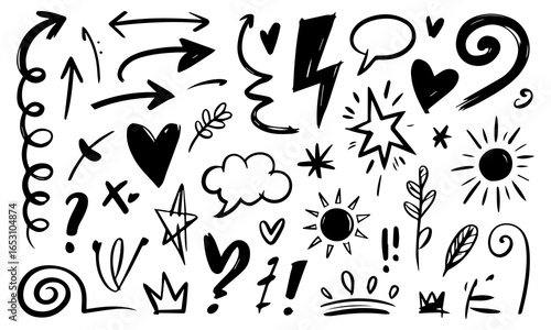 Arrow brush asterisk marker line shape set. Hand drawn brush stroke asterisk, arrow, squiggle shape with grunge texture. Abstract sketch paint elements for geometric background. Vector illustration