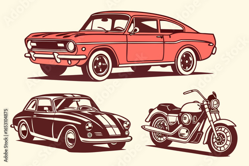 Vintage cars and motorcycle in a retro style illustration