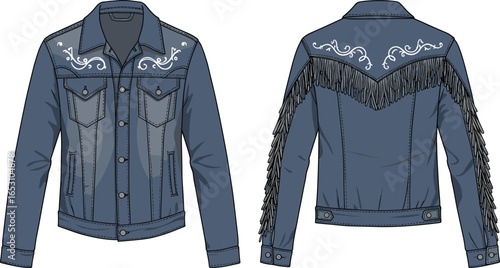 Denim jacket, western embroidery, fringe details, front view, back view, fashion CAD, vector illustration, stylish outerwear, trendy design, apparel sketch
