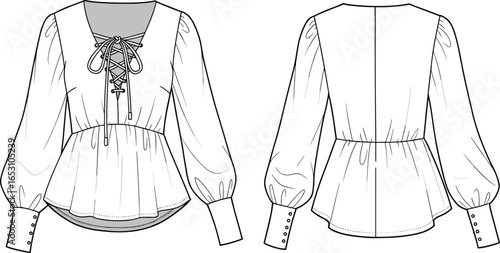 Elegant peasant blouse, lace-up front, balloon sleeves, fashion CAD drawing, flat sketch, vector illustration, garment design, sewing pattern, apparel template, blouse fashion