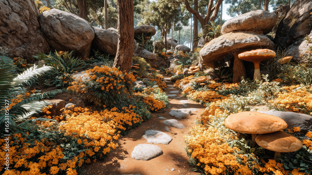 Obraz premium Enchanting forest path filled with vibrant flowers and mushrooms during daylight