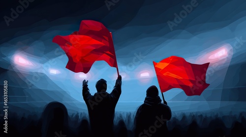 Crowd celebrating with red flags in a stadium