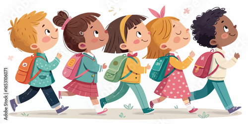 Diverse group of children in school uniforms walking together showcasing unity and education in a vector design suitable