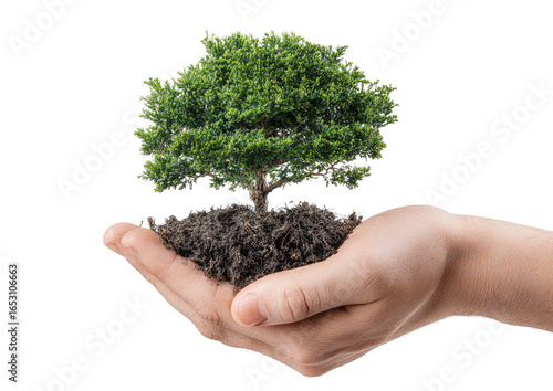 A hand holds a small tree planted in soil