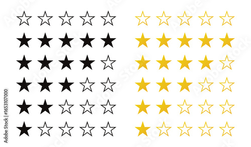 Star rate icons vector set. Star rate flat yellow and black style.