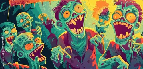 Happy Halloween Concept Zombies Greeting Card with Copy Space. Halloween Postcard with Zombies. Halloween Concept Poster with Copy Space. Halloween Party Invitation Card.