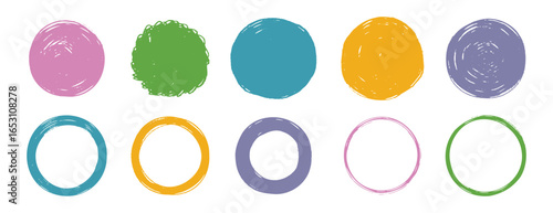 Scribble grunge circle vector frame set. Hand drawn rough colorful scribble round line. Crayon brush stroke scribble frame. hand drawn doodle circle set.