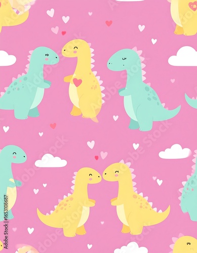 Cartoon dinosaurs and hearts on pink background