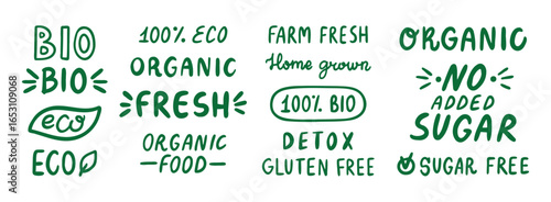eco organic doodle hand drawn inscriptions lettering labels set. lettering text organic, 100 natural, bio, no added sugar and detox. healthy food icon