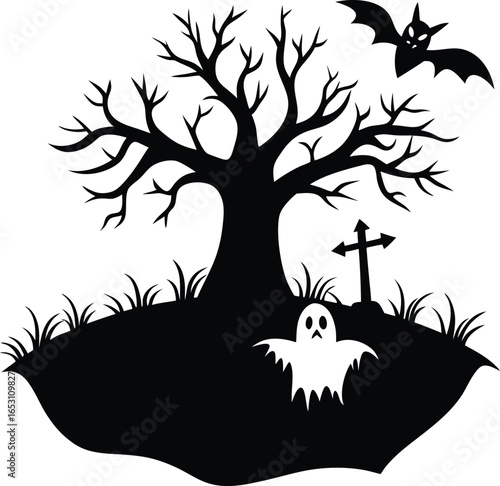 Vector art of silhouette of a spooky halloween landscape with a gnarled tree bat ghost and grave creating a chilling scene