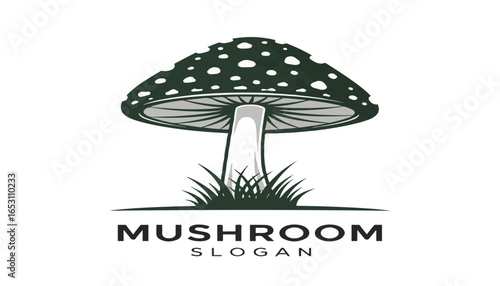 Vintage style black and white spotted toadstool mushroom logo vector template standing in grass