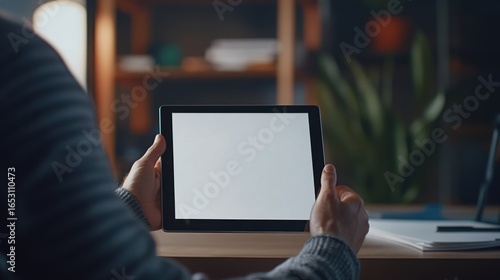 A man holds a blank tablet in landscape mode, hinting at connection or entertainment. Warm lighting and a homey desk view provide a sense of comfort.
