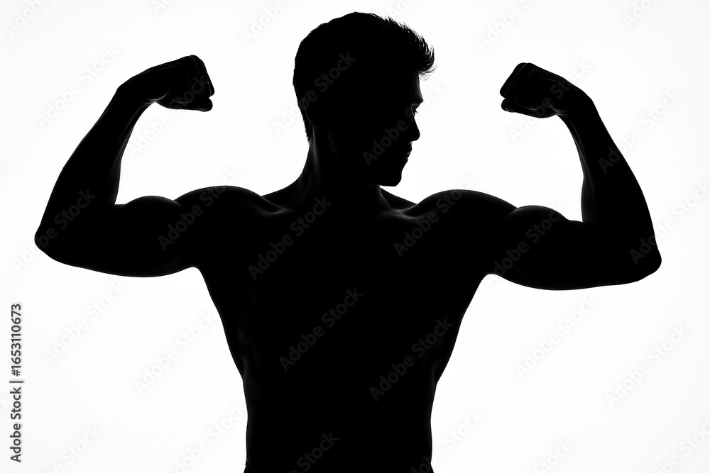 Fototapeta premium Silhouette of Muscular Man Flexing Biceps Against Clean White Background