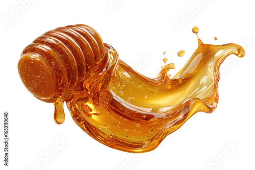 Honey dripping and splashing, a golden liquid in motion