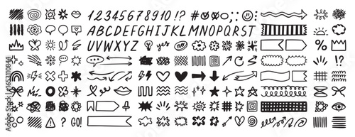 Scribble doodle elements set, paint underline children marker scratch, vector pen squiggle kit collection. Kids hand drawn abstract sketch, alphabet, texture, icons, heart.