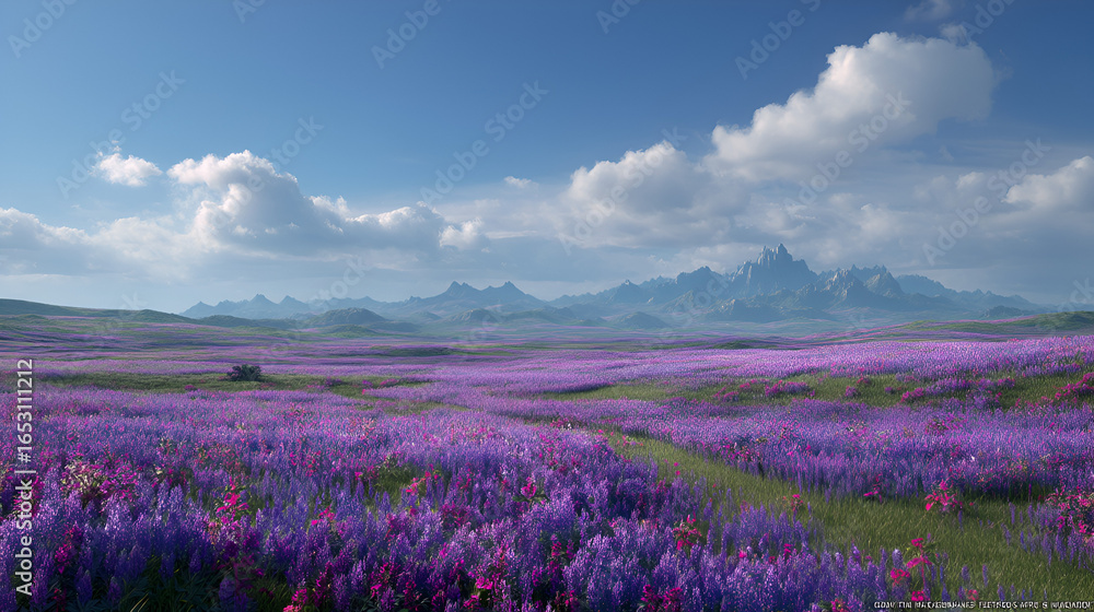 Fototapeta premium Vibrant purple wildflowers create an expansive field, stretching towards distant, misty mountains under a sky.