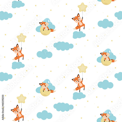 Cute seamless pattern with baby fox. Cute animal is dreaming in a dream.
