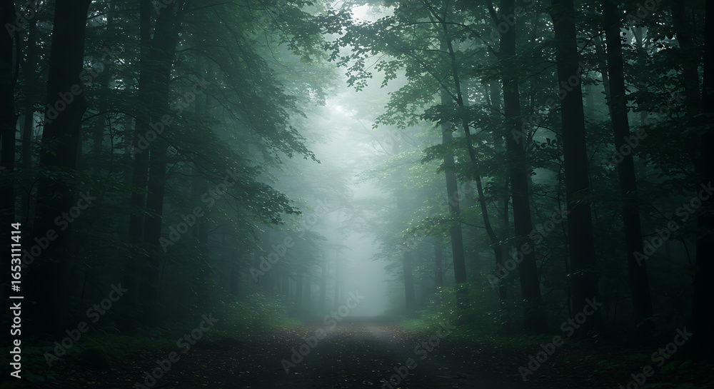 Obraz premium Misty Forest Path with Green Foliage