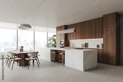 Modern luxury kitchen design with wooden cabinetry and marble island for sophisticated living, perfect for commercial use