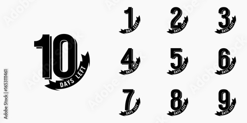Countdown days left banner. set of number 10-1 days to go badges. countdown icon isolated with ribbon on white background. promotion sale offer deal timer.
