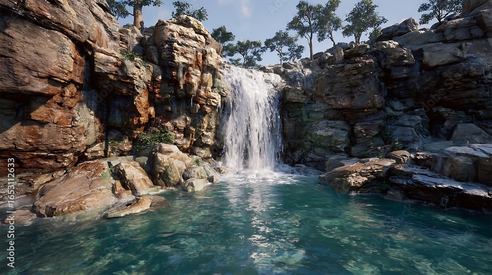 Naklejka premium A serene waterfall cascades down a rocky cliff into a tranquil pool of water, surrounded by lush greenery and towering rock formations.