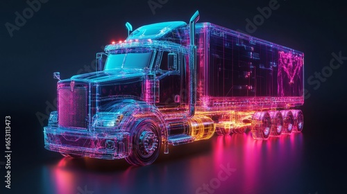 Futuristic 3D illustration of a glowing truck with neon colors, showcasing intricate details and a vibrant design, representing modern transportation technology and innovation