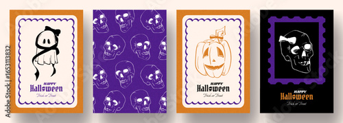 Set of cute Halloween posters with ghost, pumpkin, skulls pattern, hand drawn decoration elements. Vintage coquette aesthetic, cute holiday design, templates for invitations, greeting cards, cover.