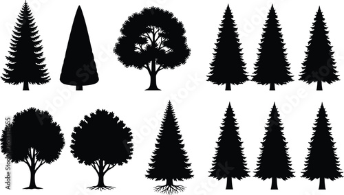 Black and white tree silhouette vector set with diverse coniferous and deciduous shapes, perfect for nature, forest, and landscape design projects