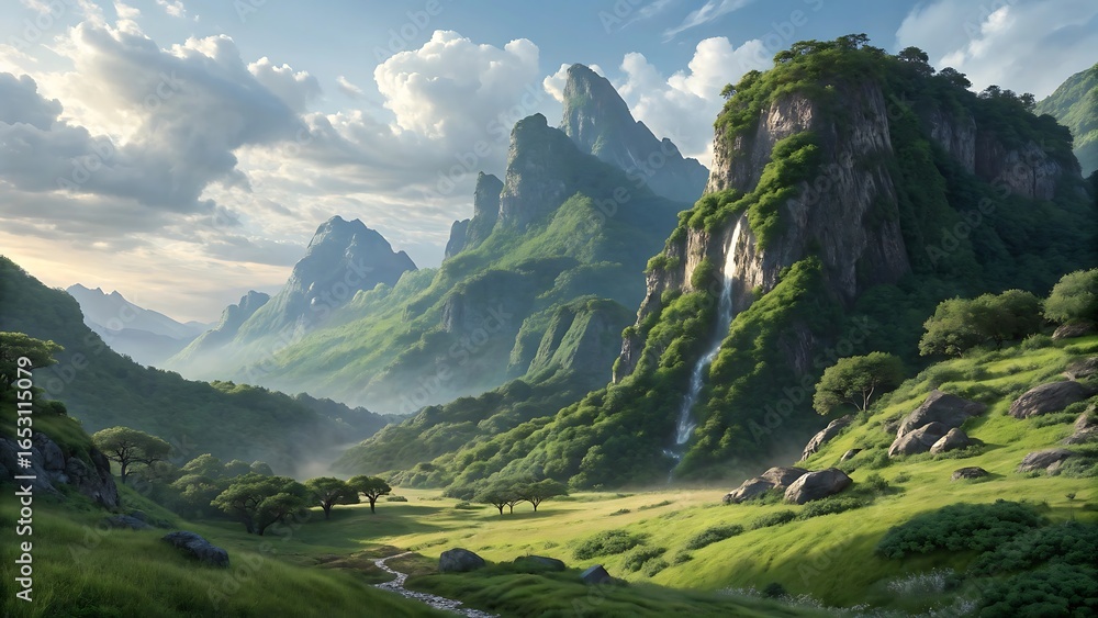 Obraz premium Panoramic summer view of a lush green valley and a distant snow-capped peak in the Swiss Alps