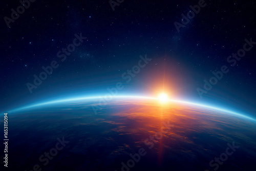 Fototapeta Naklejka Na Ścianę i Meble -  Earth's horizon at sunrise viewed from space with blue atmosphere and stars image photo