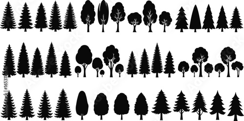 Black and white tree silhouette vector set featuring diverse coniferous and deciduous shapes, perfect for nature, forest, and landscape designs