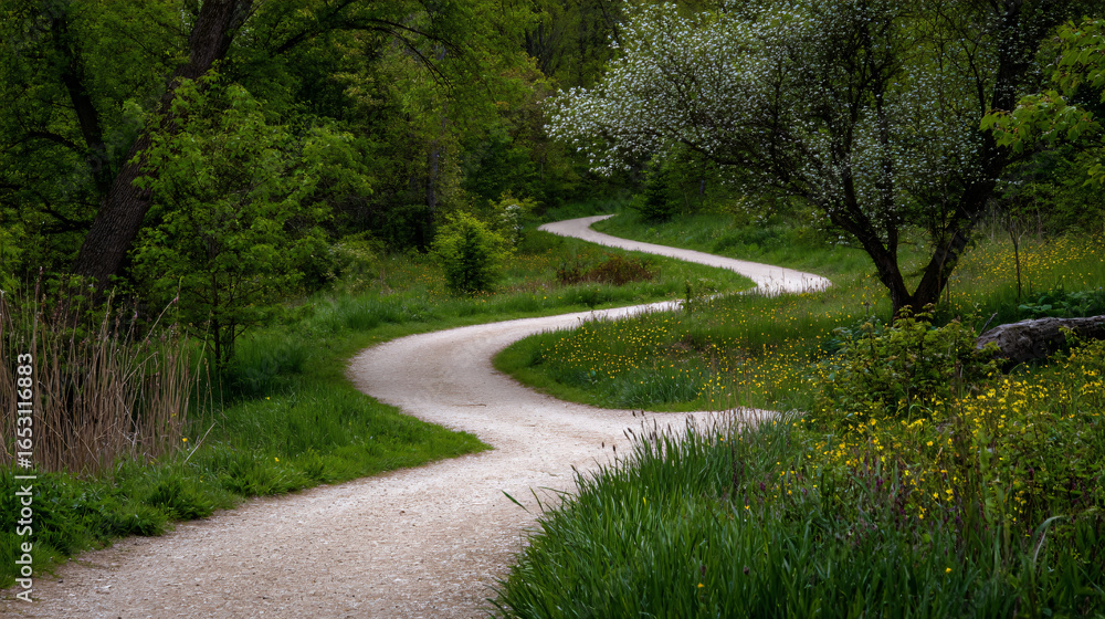Obraz premium Winding Dirt Path Nature Greenery Trees Serene Peaceful Trail Spring Foliage Environment Garden Scenic Rural Yellow Flowers Growth Sunlight Hiking Journey Calm Wildflowers Curves Exploration