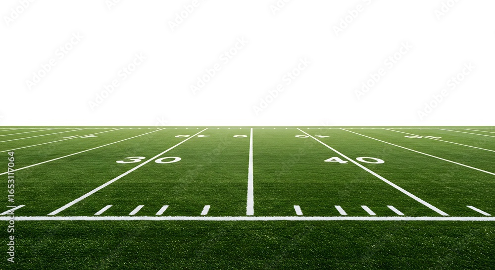 Obraz premium Vibrant green football field with yard lines, ready for game day action