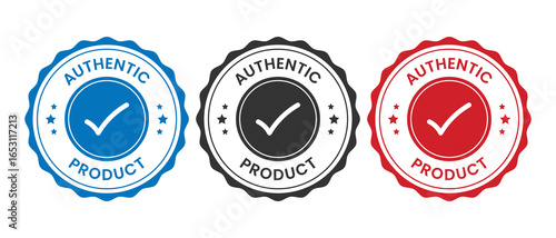 Three circular Authentic Product stamps with check marks in blue, black, and red