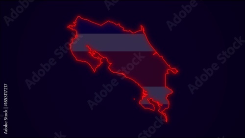 Costa Rica Map Outline Country Border on dark blue.  Neon Lights  colorful animation transition. Flag of Costa Rica. Animation in neon style. 4k . Animated Video