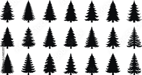 Black evergreen tree silhouette vector set with twenty unique shapes for nature, forest, outdoor, landscape, and graphic design projects