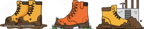 Construction work boots in flat style with dirt and machinery background  