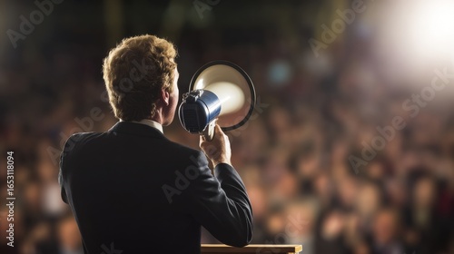 A man in a black suit holds a megaphone, facing away from the audience with a blurred stadium background,